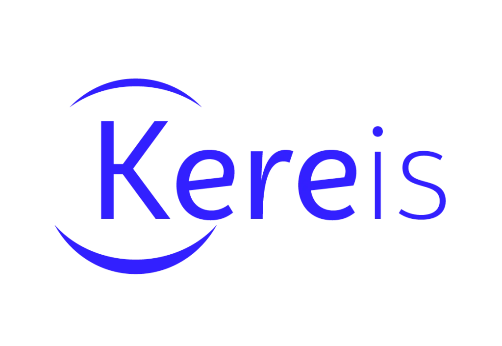 Logo Kereis bleu avec arcs de cercle entourant le nom sur fond transparent
