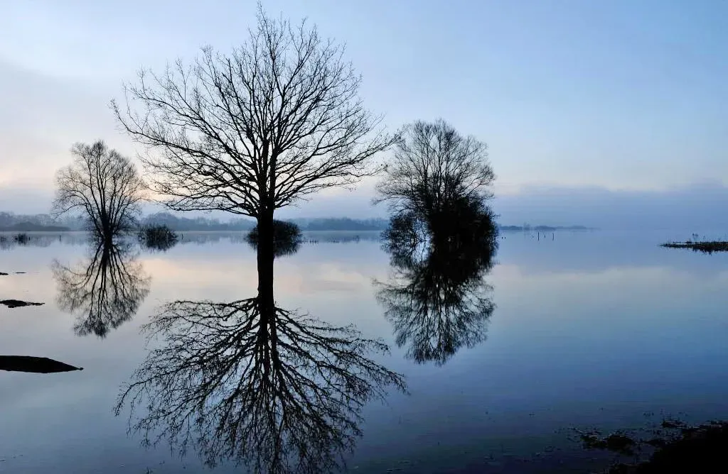 Paysage de lac brumeux au lever du soleil évoquant le repos éternel